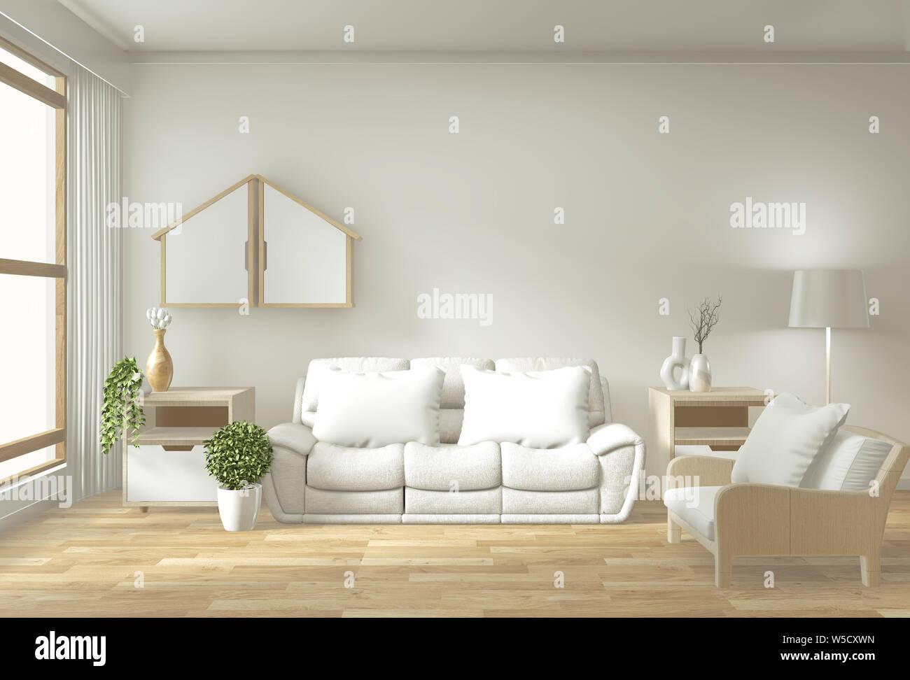 Maquette affiche d'intérieur salon avec canapé blanc prix minimaliste. Le rendu 3D. Banque D'Images