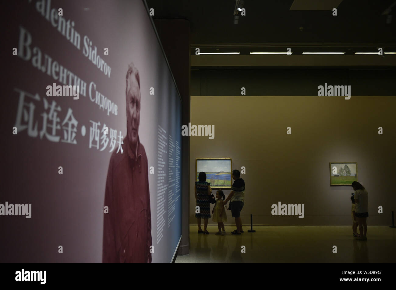 Beijing, Chine. 28 juillet, 2019. Les visiteurs voir une peinture à l'huile affichée à l'occasion d'une exposition d'artistes russes Valentin Sidorov et Andrey Kovalchuk tenue au Musée National d'Art de Chine à Beijing, capitale de Chine, le 28 juillet 2019. L'exposition a donné le coup d'ici dimanche. Un total de 58 peintures à l'huile et sculptures de deux artistes russes étaient sur l'affichage. Credit : Lu Peng/Xinhua/Alamy Live News Banque D'Images