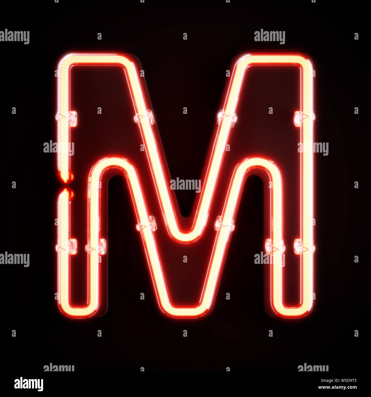 Neon light caractère alphabet M font. Tube neon glow lettres effet sur fond orange. Le rendu 3D Banque D'Images