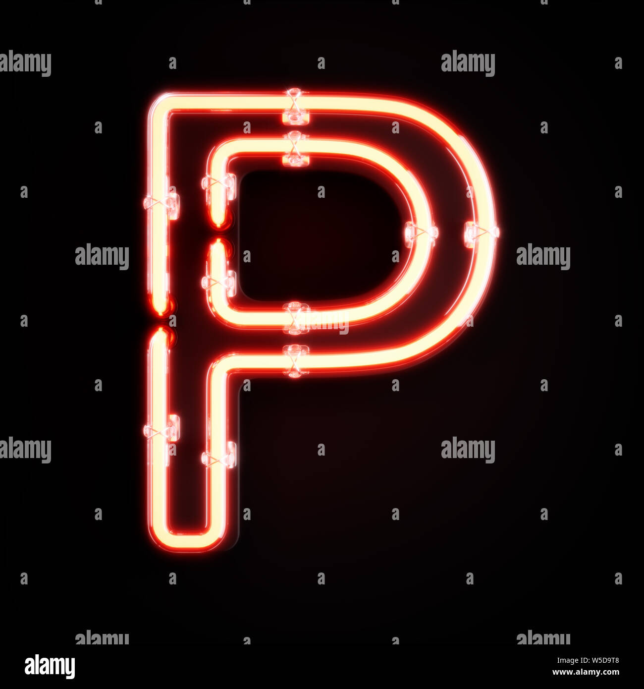 Neon light caractère alphabet P police. Tube neon glow lettres effet sur fond orange. Le rendu 3D Banque D'Images