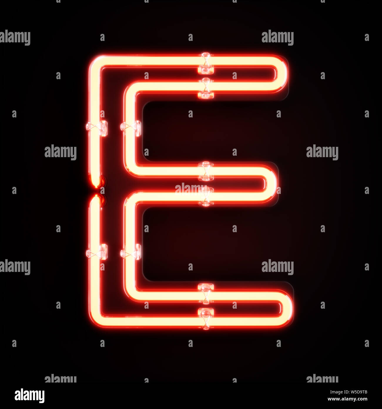 Neon light caractère alphabet E police. Tube neon glow lettres effet sur fond orange. Le rendu 3D Banque D'Images