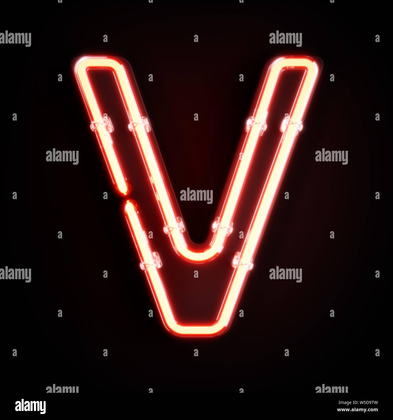 Neon light caractère alphabet V font. Tube neon glow lettres effet sur fond orange. Le rendu 3D Banque D'Images
