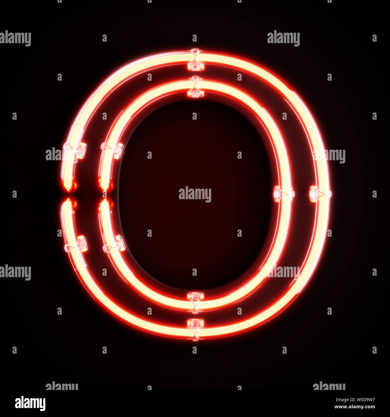Neon light caractère alphabet O font. Tube neon glow lettres effet sur fond orange. Le rendu 3D Banque D'Images