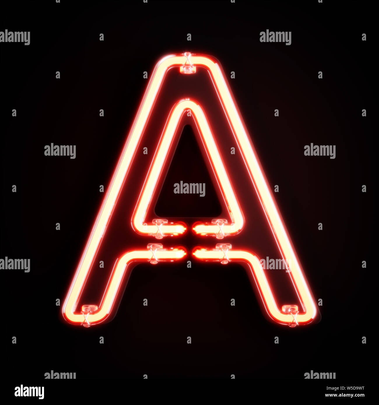 Neon light une police de caractères de l'alphabet. Tube neon glow lettres effet sur fond orange. Le rendu 3D Banque D'Images