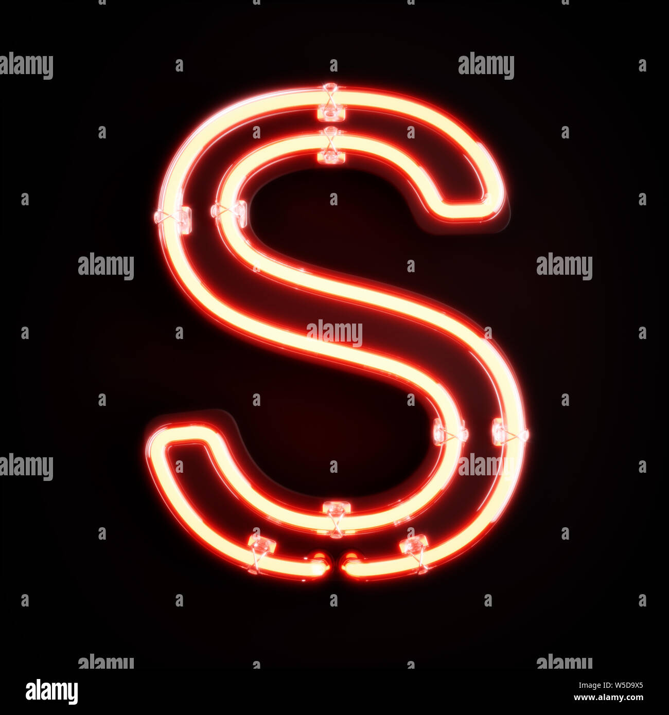 Neon light caractère alphabet S font. Tube neon glow lettres effet sur fond orange. Le rendu 3D Banque D'Images
