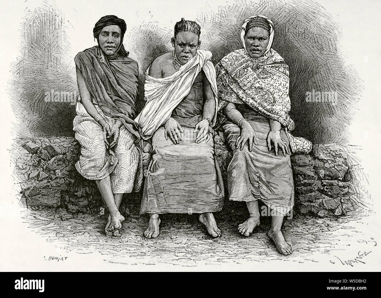 L'Afrique centrale. Trois femmes de la pays d'Gambaragara (actuellement l'Ouganda), appartenant à l'expédition de corps expéditionnaire, Stanley. Dessin par Etienne Ronjat (1822-1912). Gravure de Charles Laplante (1837-1903). L'Afrique, inexplorada el Continente Misterioso par Henry Morton Stanley, ch. 1887. Banque D'Images