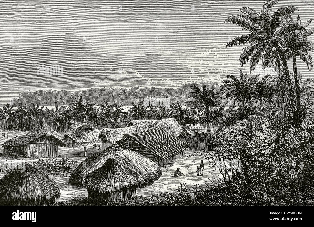 L'Afrique centrale. Ujiji règlement amiable ainsi que ses place du marché, sur les rives du lac Tanganyika (Tanzanie) à l'heure actuelle. La gravure. L'Afrique, inexplorada el Continente Misterioso par Henry Morton Stanley, ch. 1887. Banque D'Images