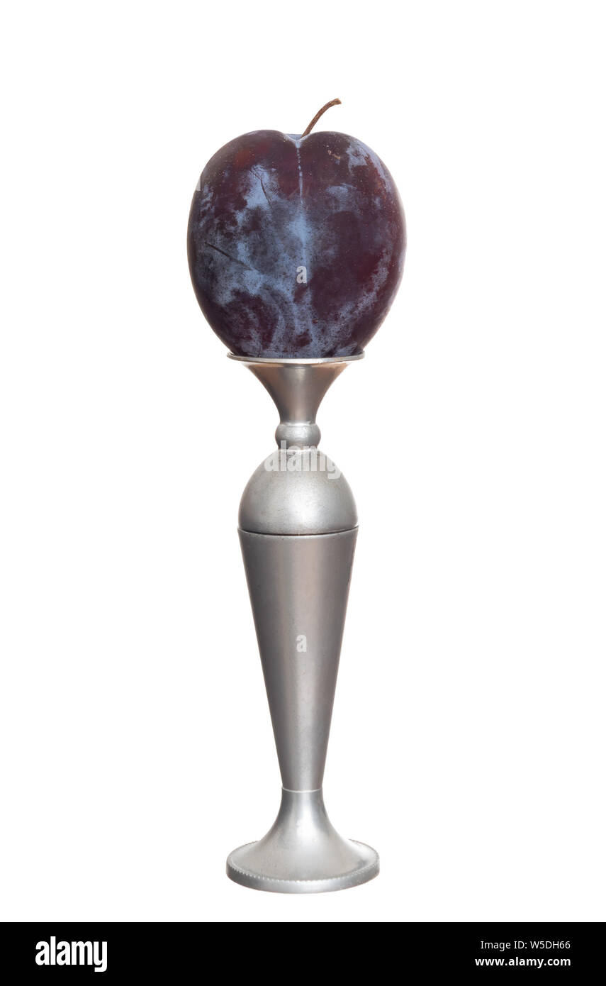 Rouge foncé, violet prune sur piédestal, vase isolé sur fond blanc. Banque D'Images