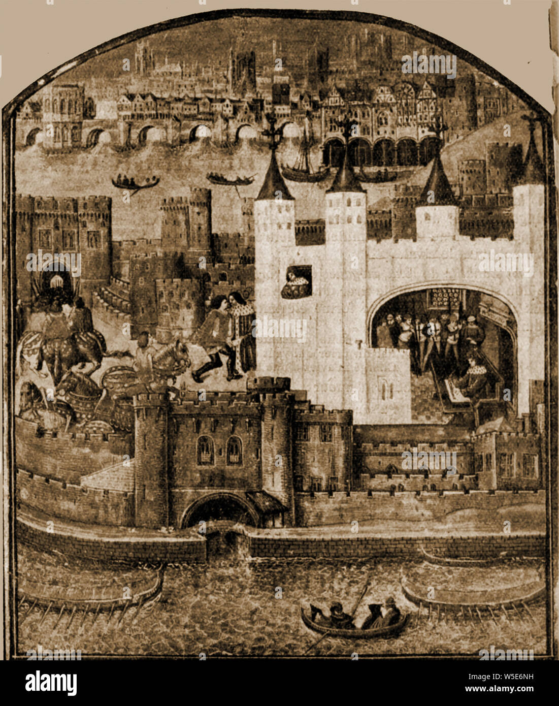 Illustration française 1912 montrant une illustration encore plus vieux - Charles d'Orléans, duc d'Orléans (1394 - 1465) poète médiéval - un prisonnier dans la Tour Blanche "Tour de Londres", montrant une vue intérieure de la tour de traîtres gate avec London Bridge, St Paul's et la ville de Londres derrière -aussi duc de Valois, comte de Beaumont-sur-Oise et de Blois, seigneur de Coucy, et l'héritière d'Asti en italie - Il est l'auteur de la 1ère Saint Valentin poème Banque D'Images