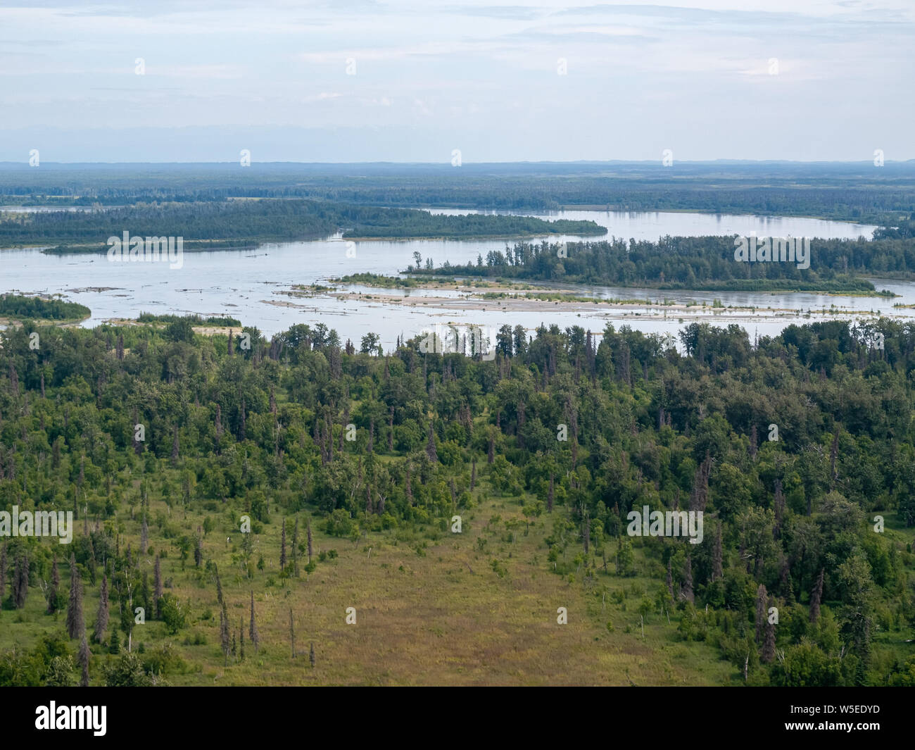 Vol de Piper Super Cub de l'aéroport de Anchorage Lake Hood PALH à Alexander Creek. Rivière Susitna, point Mackenzie. Entrée de cuisson. Pneus de toundra. Plan de bague. Banque D'Images