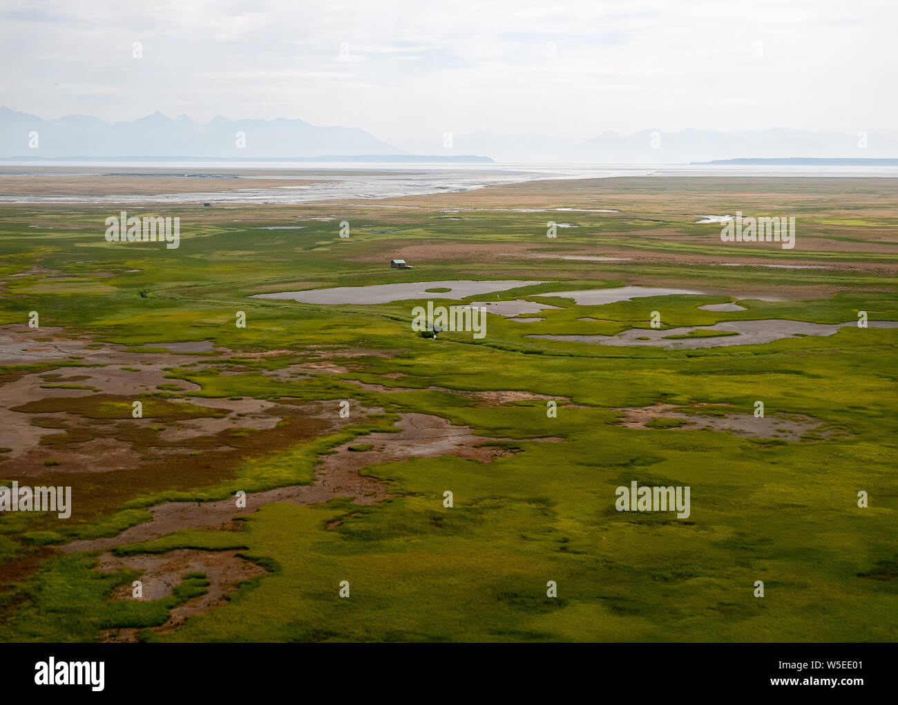 Vol de Piper Super Cub de l'aéroport de Anchorage Lake Hood PALH à Alexander Creek. Rivière Susitna, point Mackenzie. Entrée de cuisson. Pneus de toundra. Plan de bague. Banque D'Images