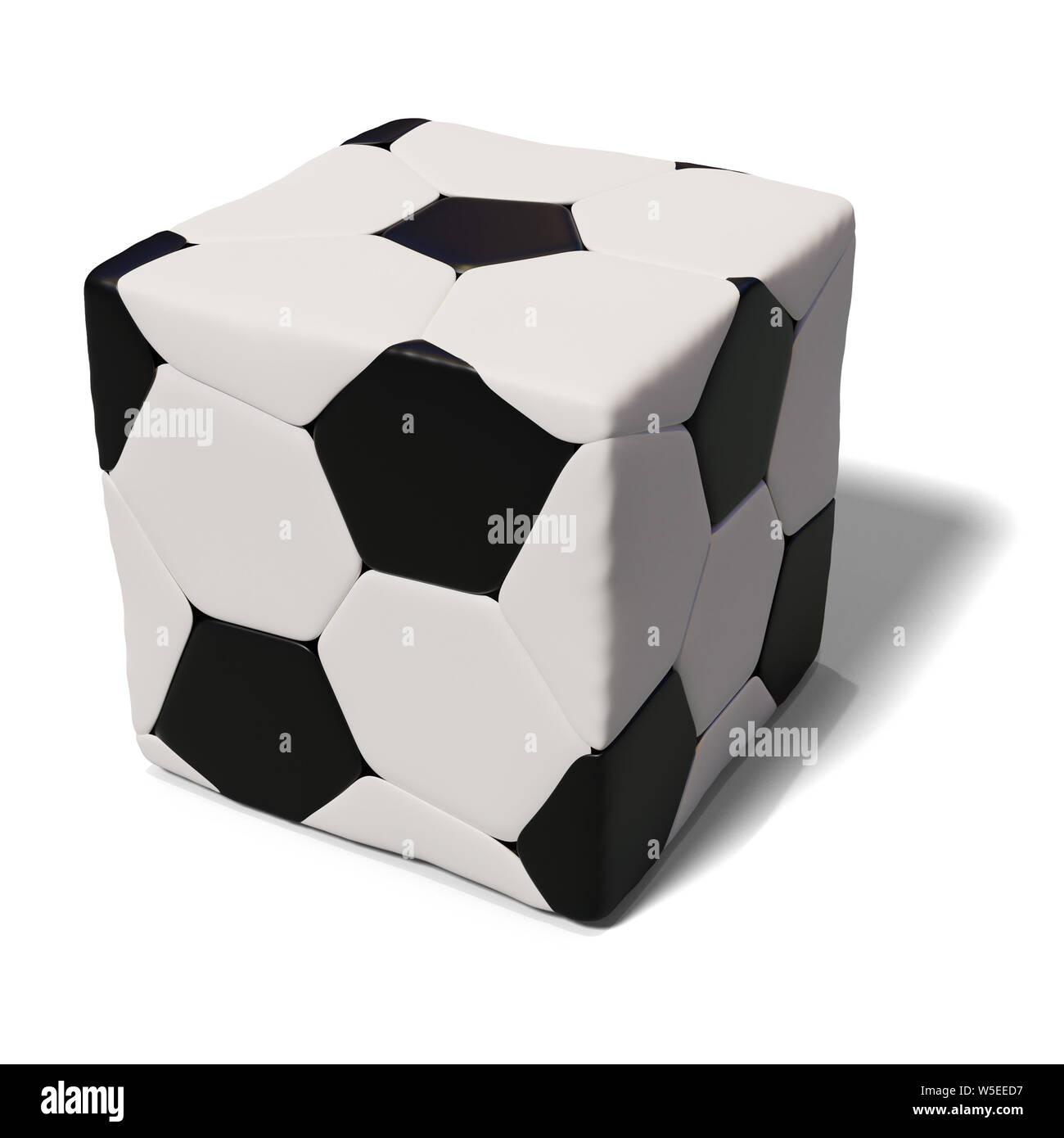 Ballon de soccer drôle cube isolé sur fond blanc. Impossible match de football. 3D illustration. Banque D'Images