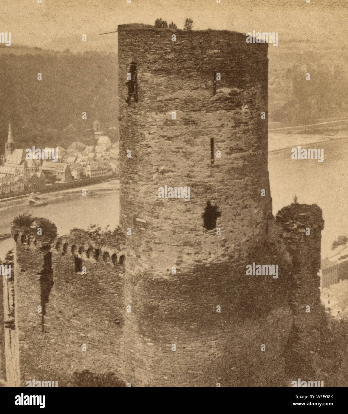 Burg Katz château au-dessus du Rhin à St. Sendenhorst, Allemagne, vers 1900 Banque D'Images