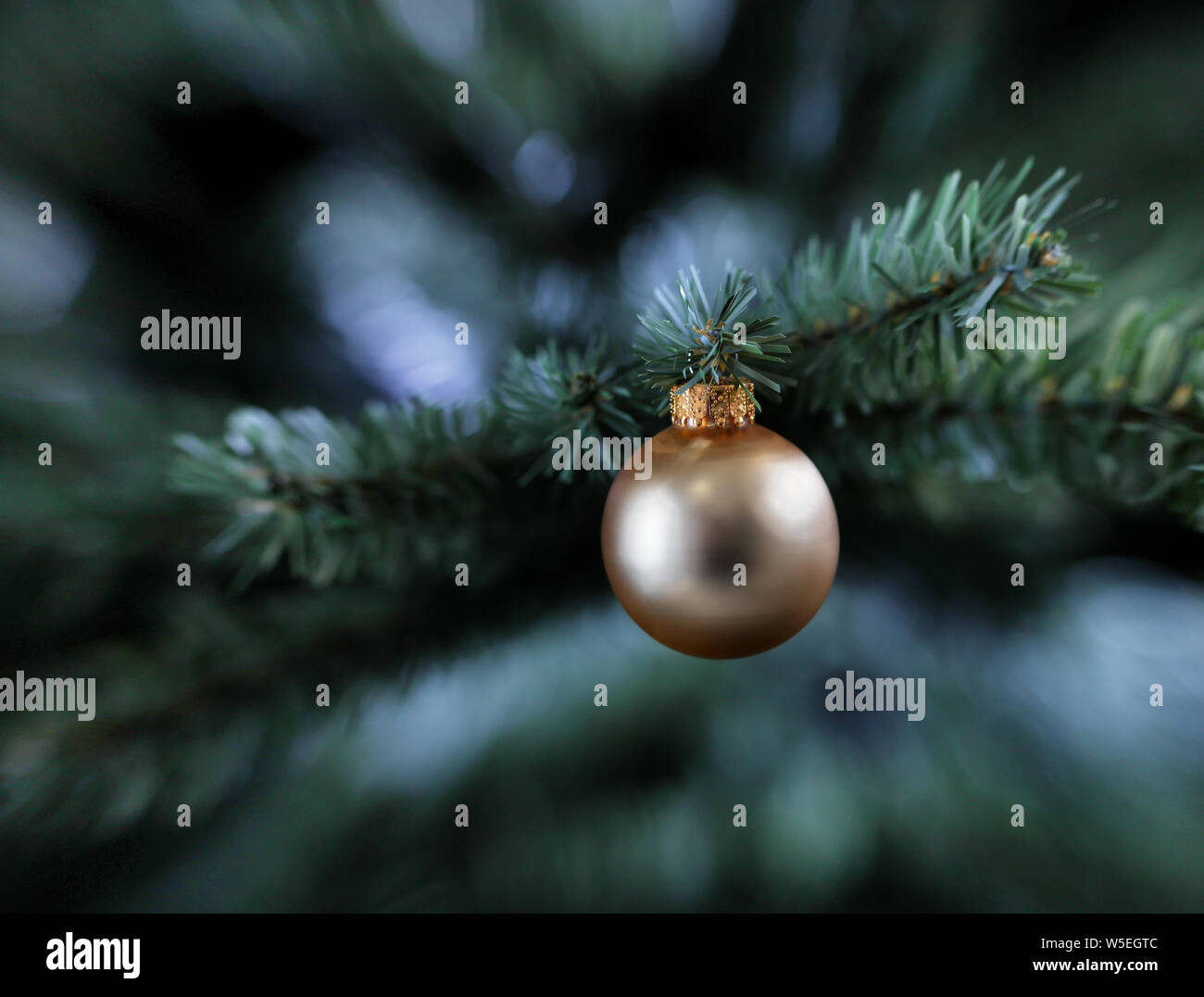 Or traditionnel seul Christmas ornament hanging sur arbre artificiel Banque D'Images