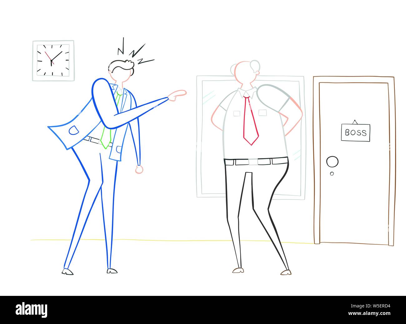 Businessman angry et criant à son patron, vector illustration dessinée à la main. Décrit la couleur et fond blanc. Illustration de Vecteur