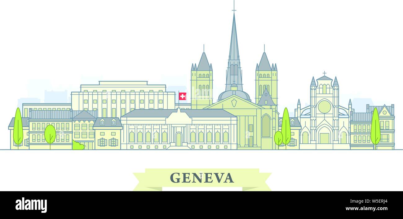 Genève, Suisse - vieille ville, ville panorama avec monuments de Genève Illustration de Vecteur