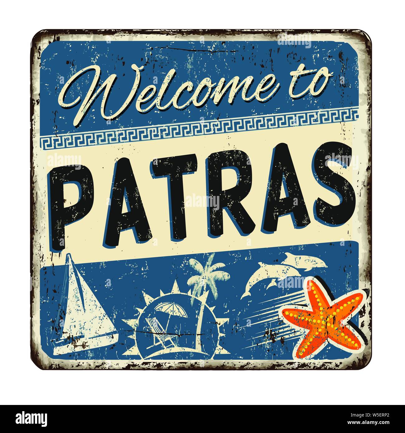 Bienvenue à Patras vintage métal rouillé signe sur un fond blanc, vector illustration Illustration de Vecteur