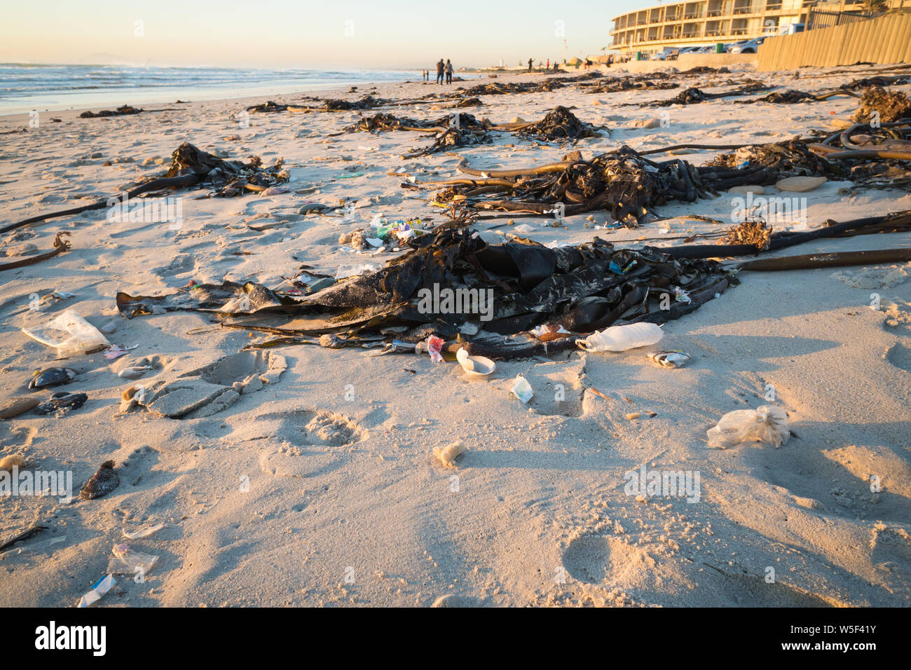 La pollution en plastique et des débris rejetés sur le sable de plage blanc empêtrés dans les algues marines ou de l'environnement concept varech destruction côtières en Afrique Banque D'Images