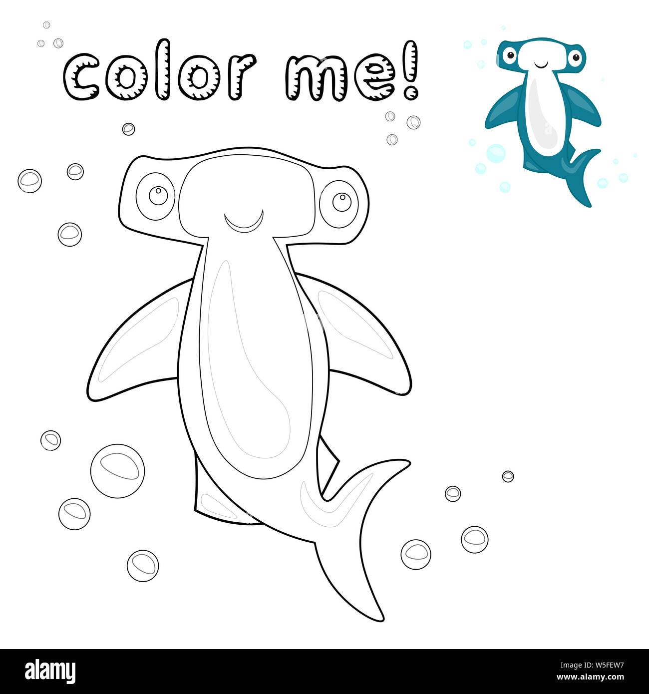 Jeu pour Enfants. Contours requin marteau. Page à colorier. Requin-marteau noir et blanc personnage. Vector illustration isolé sur blanc retour Illustration de Vecteur