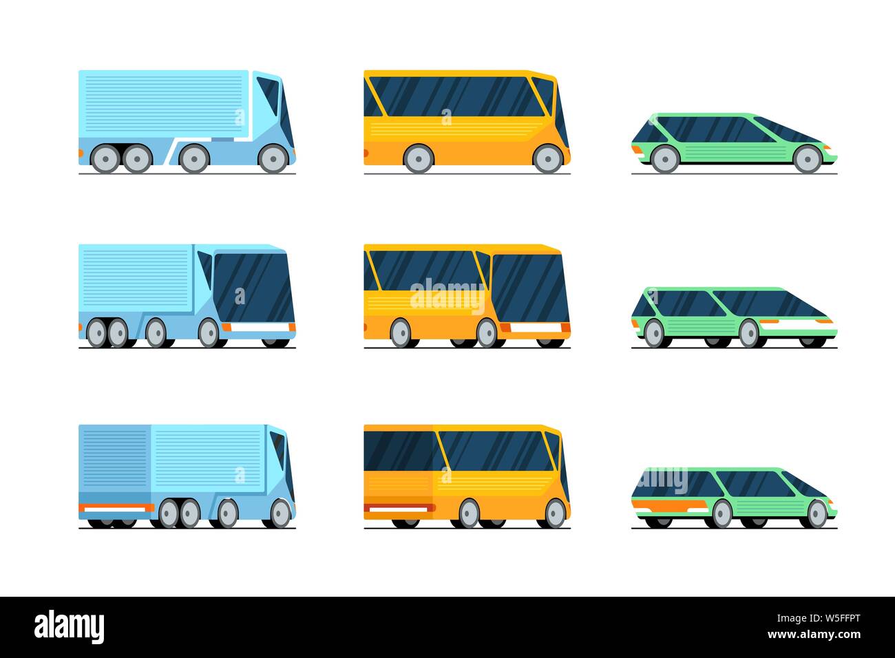 Ensemble de concepts design élégant pour car bus camion vue avant et arrière. Véhicule automobile hybride électrique futuriste. Illustration moderne du transport de couleurs vectorielles plates Illustration de Vecteur