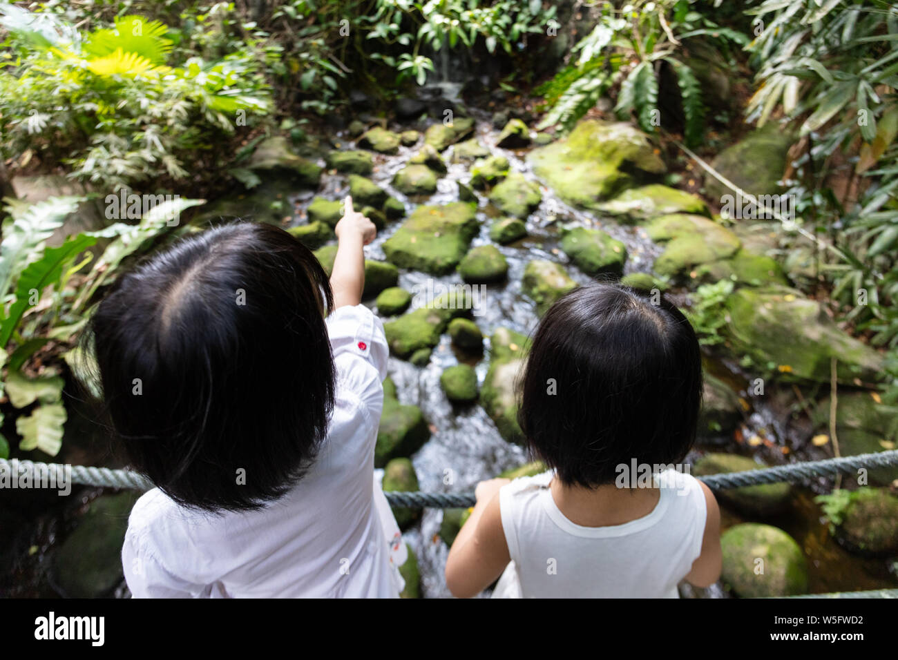 Peu d'asiatiques Sœurs chinois debout sur un pont dans un jardin Banque D'Images