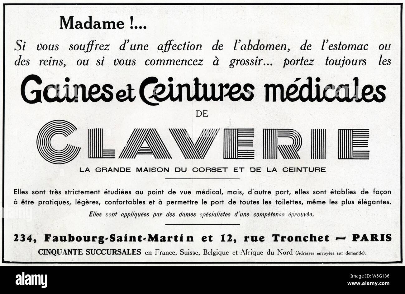 Publicité ancienne. 1937. Gaines et ceintures médicales de Claverie Banque D'Images