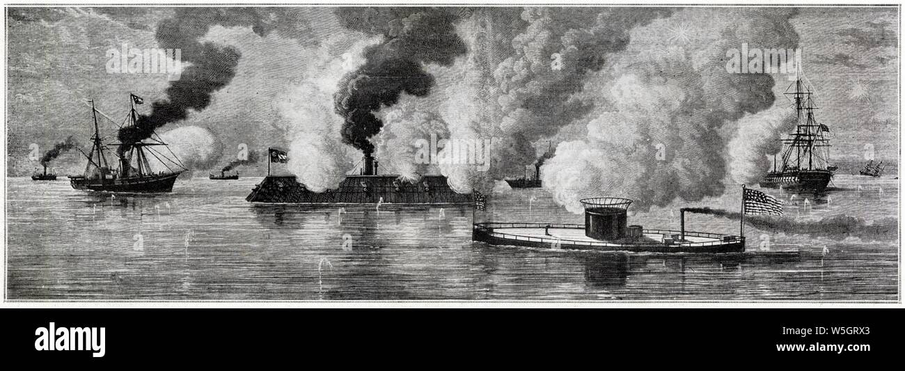 Le combat du 9 mars 1862 entre le Merrimac ( de la flotte du sud ) et le Monitor ( flotte du nord ) dans la rivière Saint-James , en vue du fort-Mo Banque D'Images