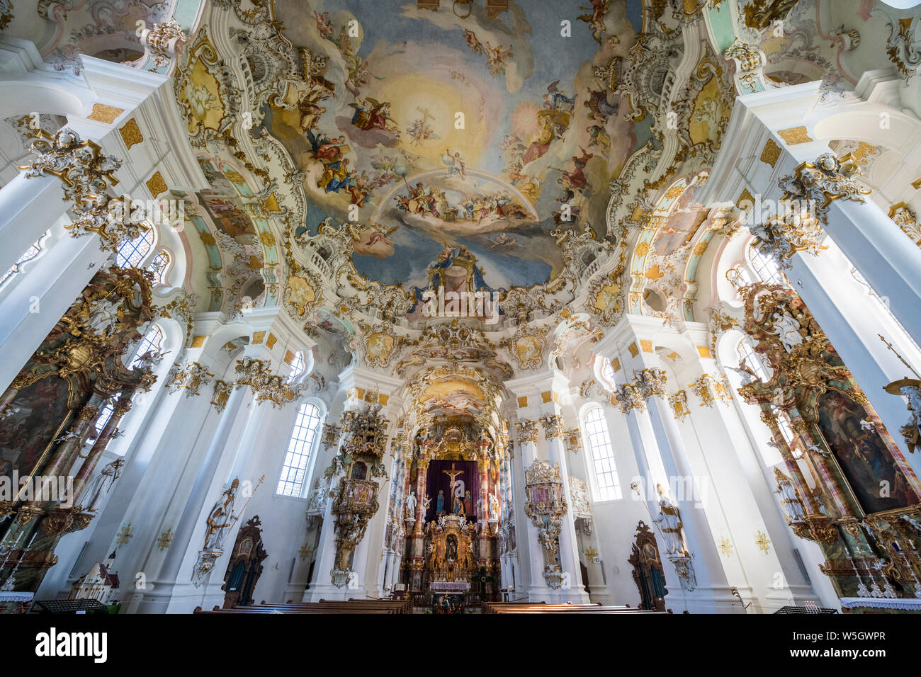 Style Rococo peintures sur le plafond de l'église de pèlerinage de Wies, UNESCO World Heritage Site, Steingaden, Bavaria, Germany, Europe Banque D'Images
