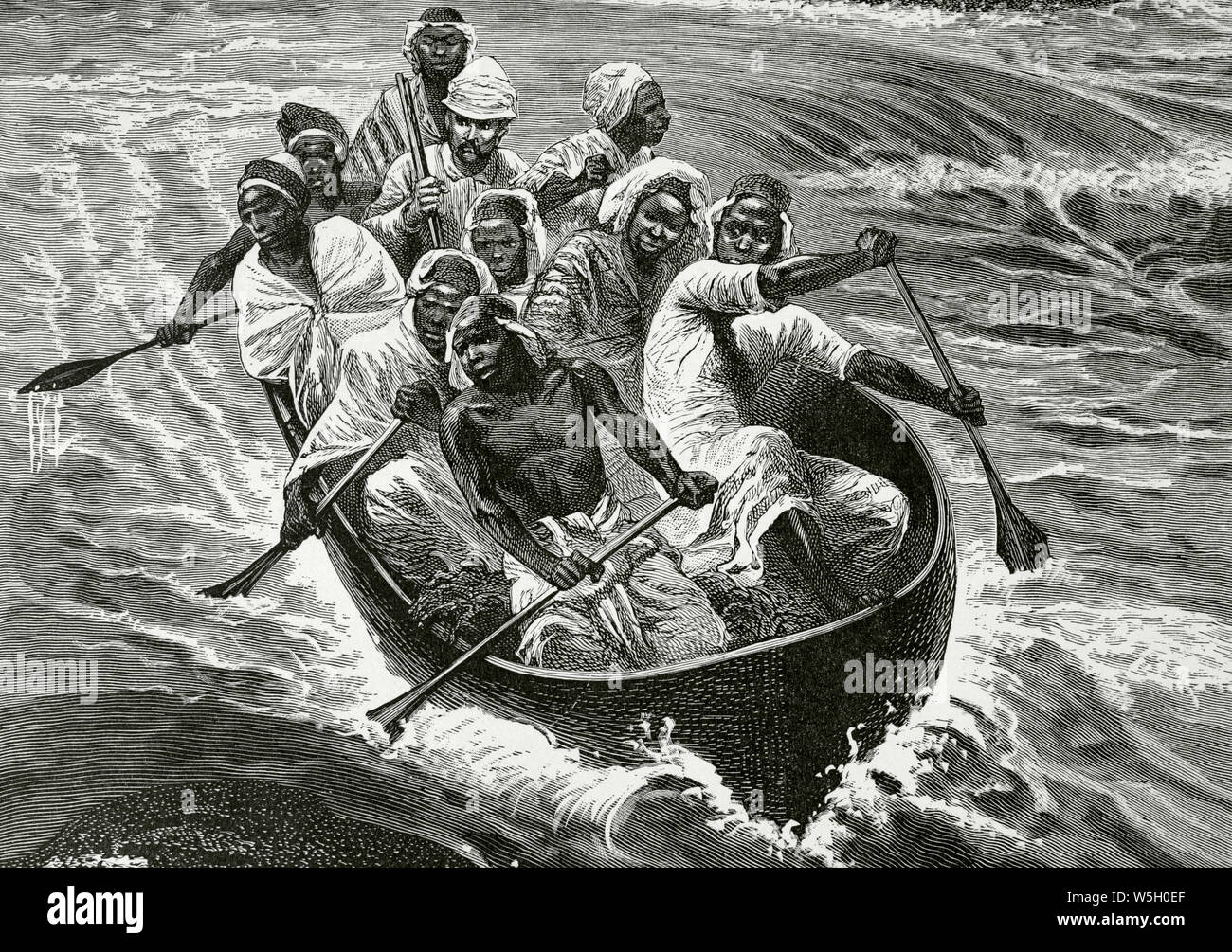 L'Afrique. Stanley passe les rapides du fleuve Congo dans le canot "Lady Alice" (actuellement République démocratique du Congo). La gravure. L'Afrique, inexplorada el Continente Misterioso par Henry Morton Stanley, ch. 1887. Banque D'Images