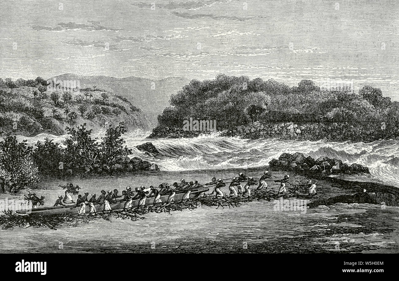 L'Afrique. Expédition de Stanley. En faisant glisser les canots en bas de la première cascade de l Livingstone chutes d'eau, sur le fleuve Congo. La gravure. L'Afrique, inexplorada el Continente Misterioso par Henry Morton Stanley, ch. 1887. Banque D'Images