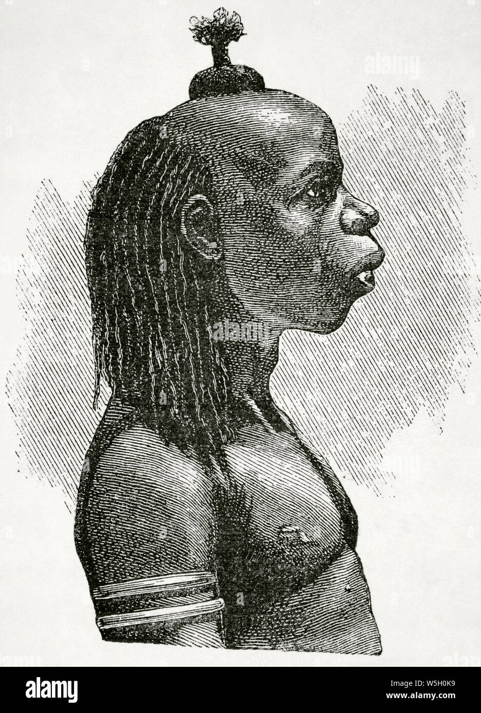 L'Afrique. Les Manyema, guerrier bantou. La gravure. L'Afrique, inexplorada el Continente Misterioso par Henry Morton Stanley, ch. 1887. Banque D'Images