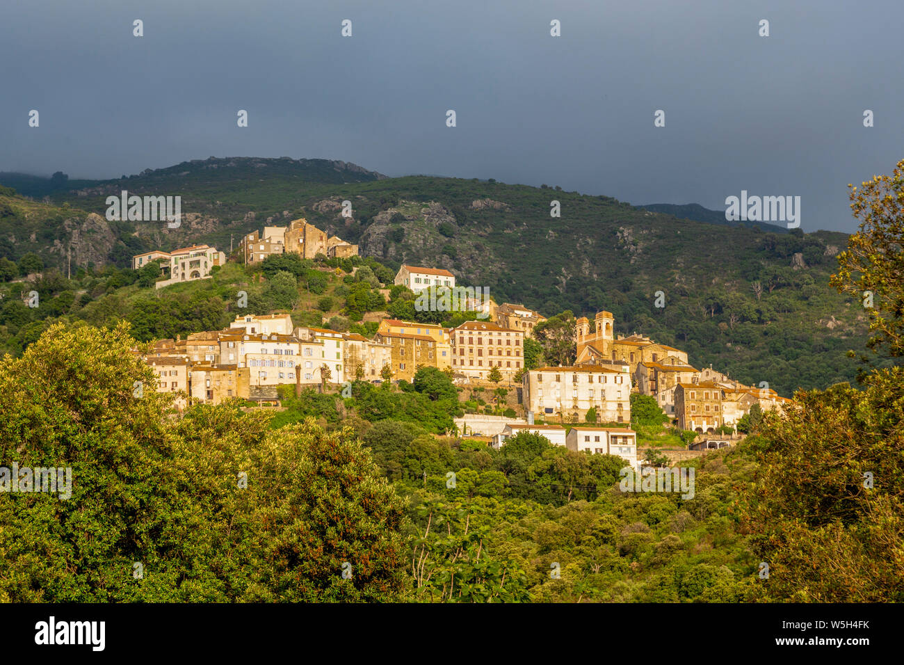 La petite ville montagneuse de Oletta dans le nord de la Corse, France, Europe, Méditerranée Banque D'Images