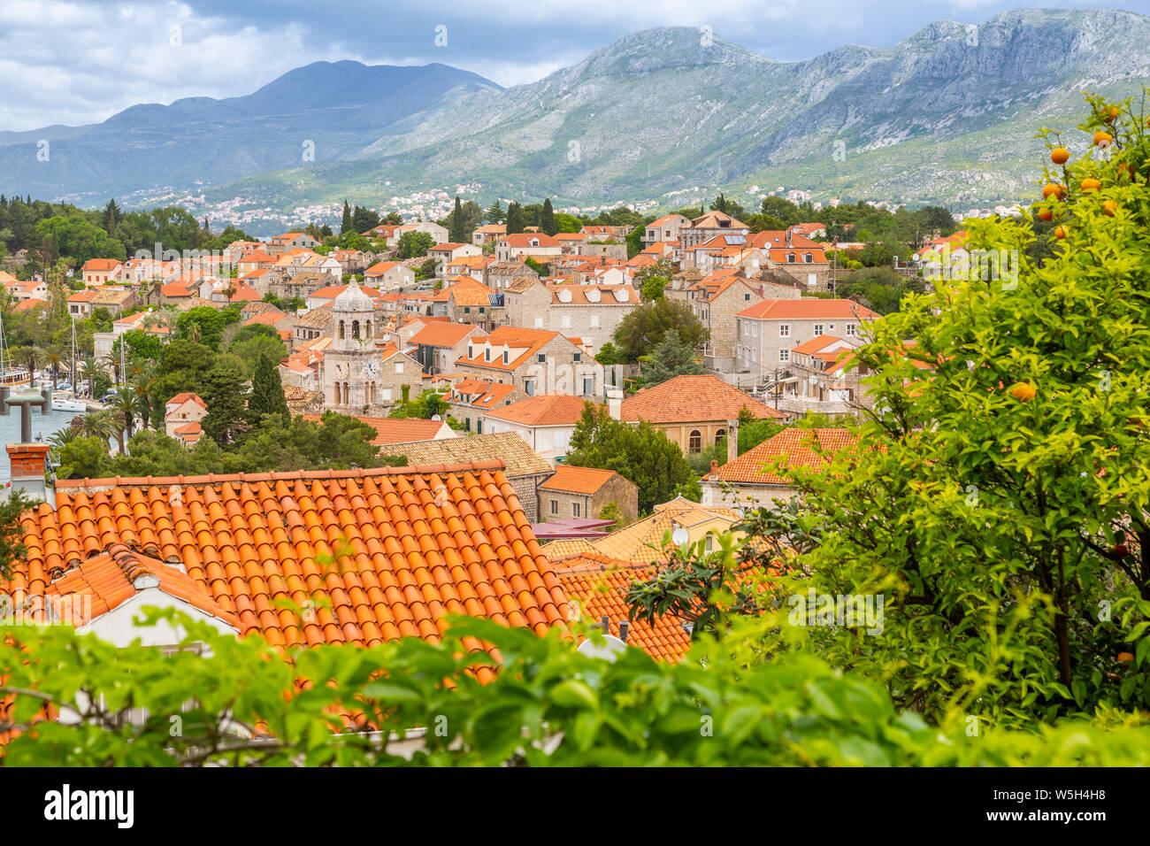 Vue de la ville de Cavtat, position élevée sur la mer Adriatique, Dubrovnik, Dubrovnik, Croatie, Europe Banque D'Images