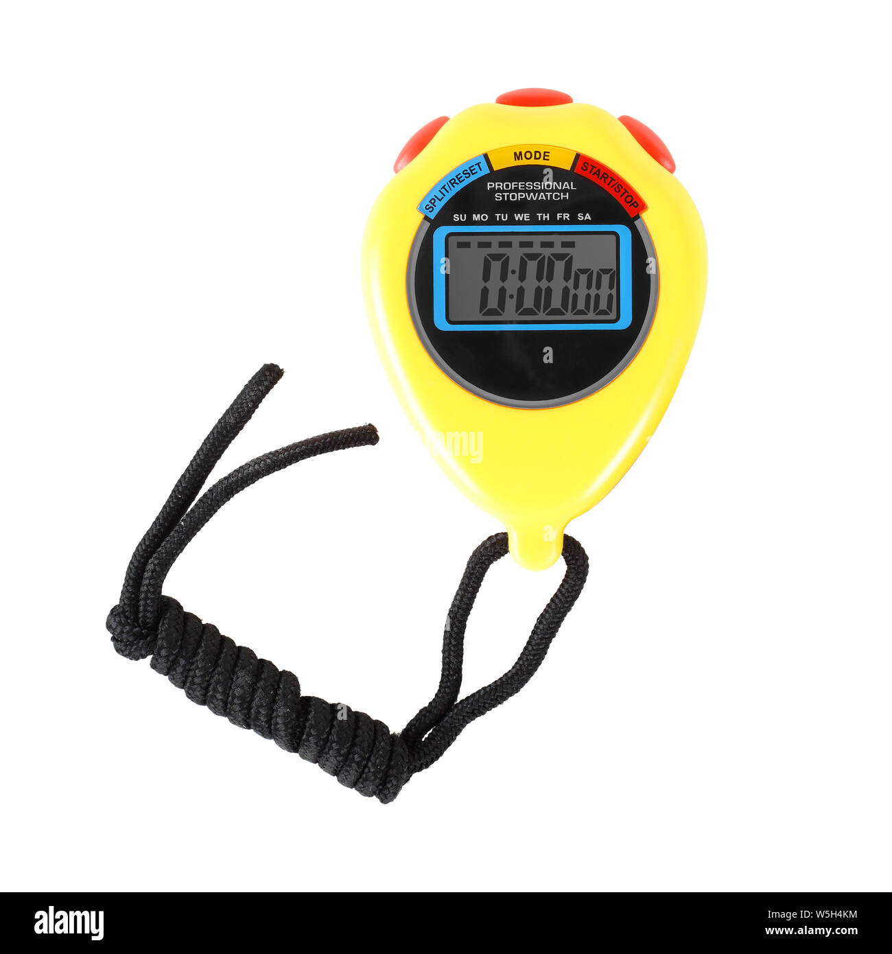 Équipement de sport - Chronomètre électronique numérique jaune sur un fond blanc. Isolé Banque D'Images