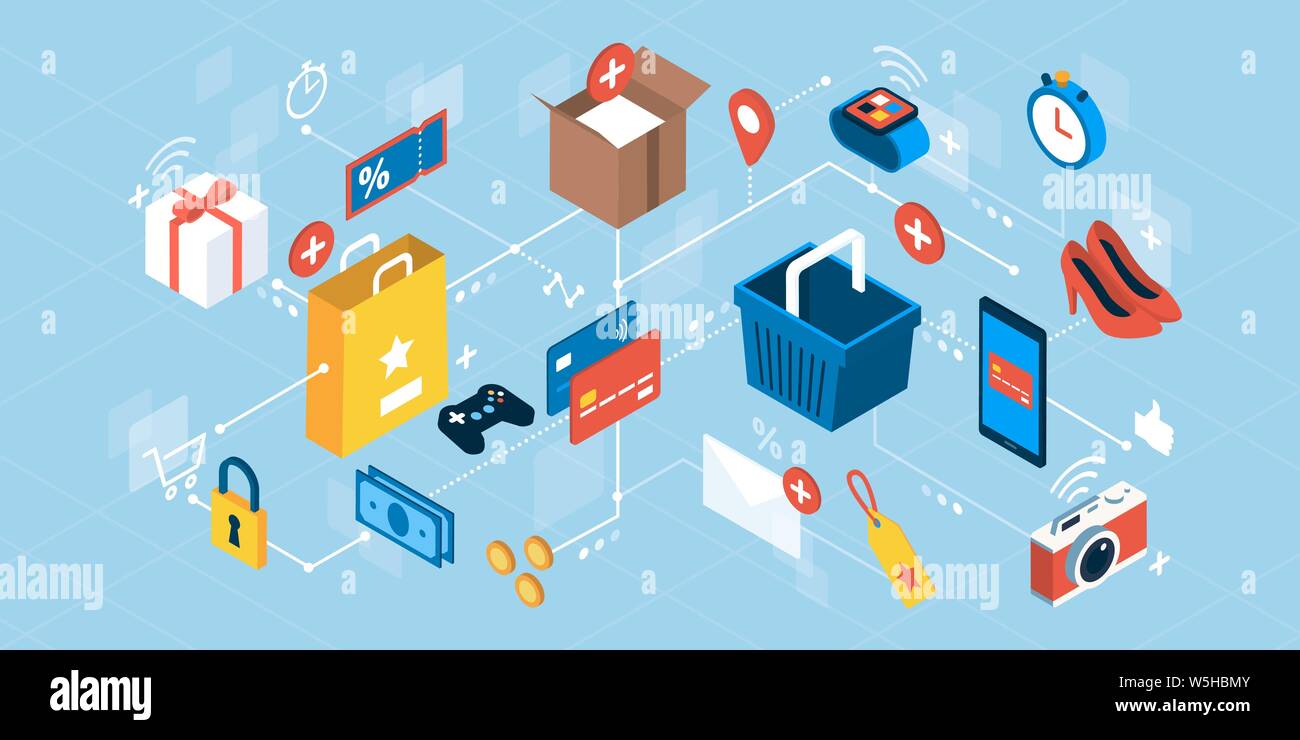 Achats en ligne, e-paiements et livraison express ; réseau de concepts vecteur isométrique Illustration de Vecteur