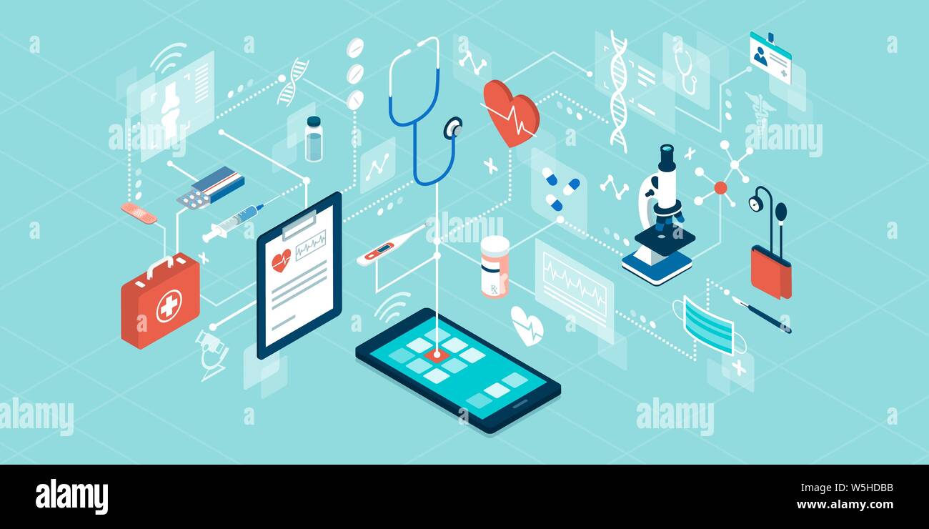 La télémédecine, les traitements médicaux et les services de santé en ligne, réseau de concepts isométrique Illustration de Vecteur
