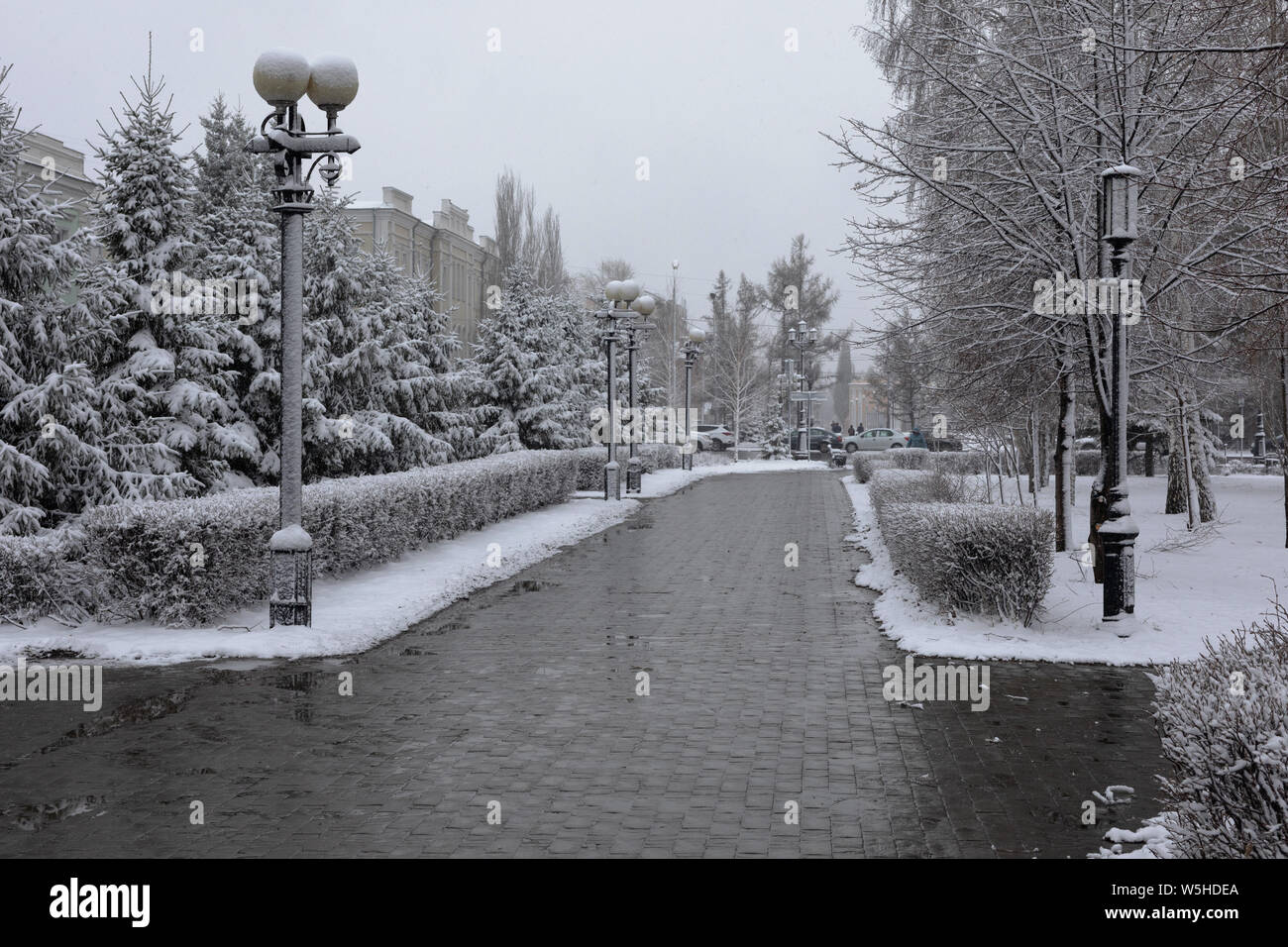 Couvert de neige au début de l'été les rues de la ville, arbres, lampadaires Banque D'Images