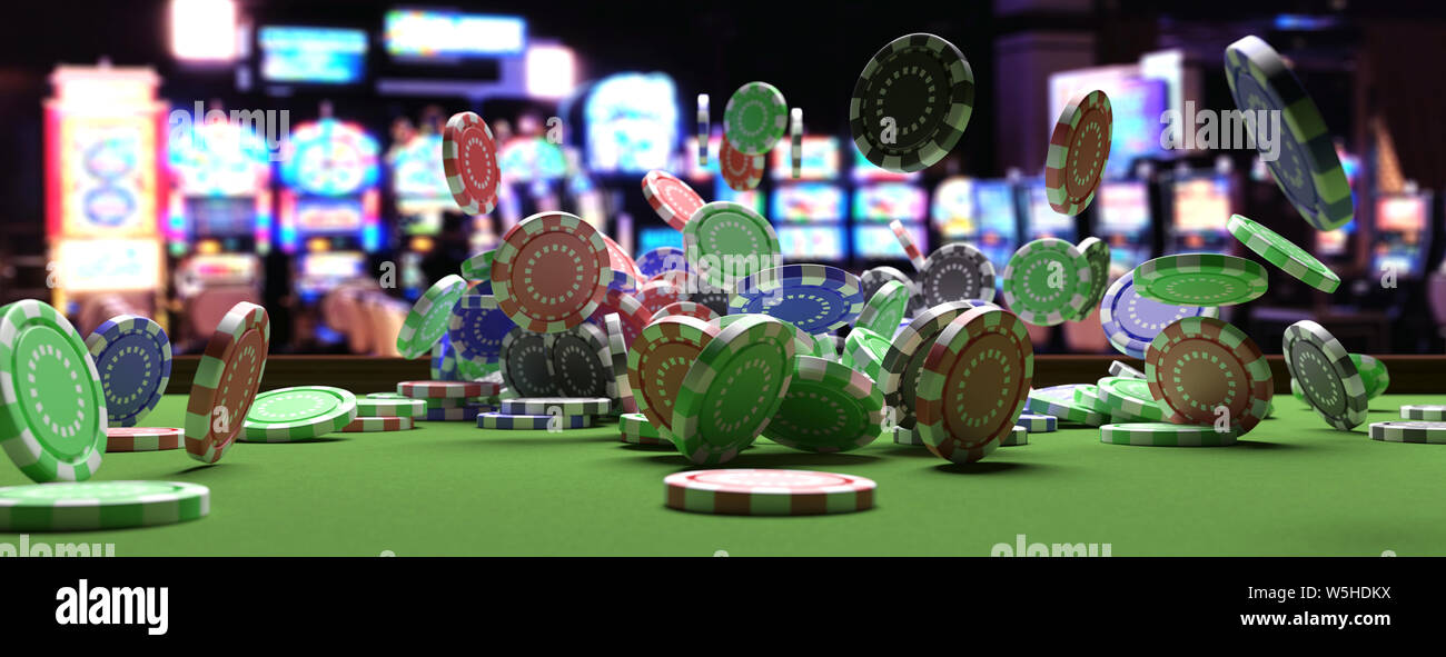 Casino poker gratuit. Des jetons de poker qui tombent sur feutre vert table  de roulette, machines à sous flou intérieur contexte, la bannière. 3d  illustration Photo Stock - Alamy