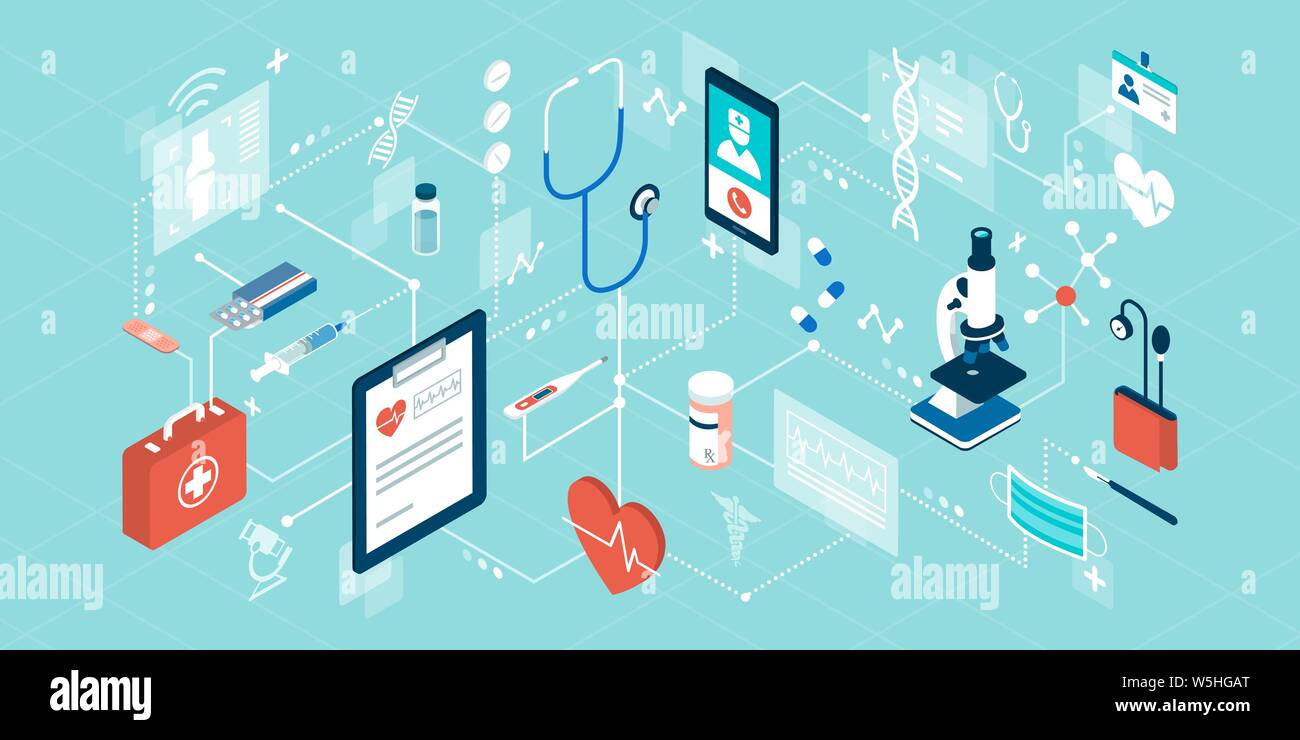 La télémédecine, les traitements médicaux et les services de santé en ligne, réseau de concepts isométrique Illustration de Vecteur