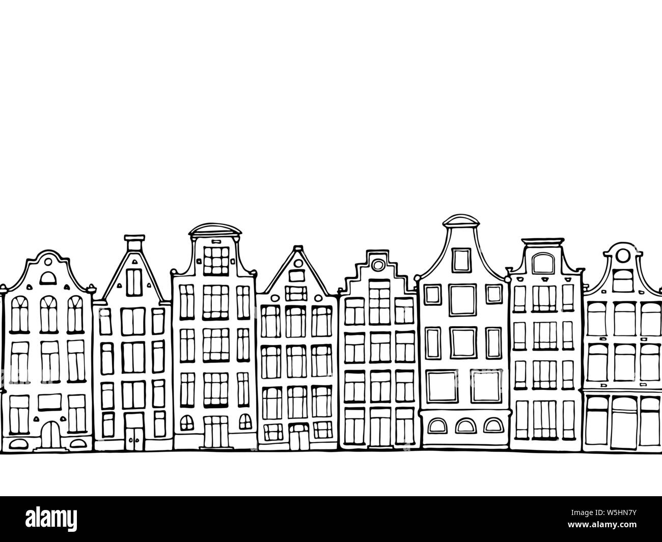 Maisons d'encre Dessin animé à la main. Frontière perméable. Doodle Russisch scandinaves hous. Contours de carte, de dessin vectoriel de l'affiche. Illustration de Vecteur