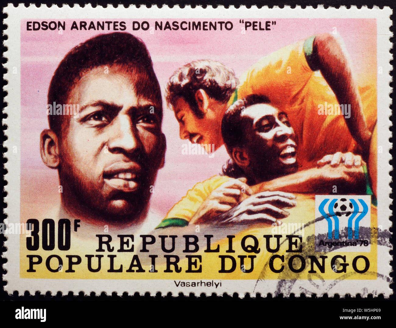 Pele sur de vieux timbres-poste du Congo Banque D'Images