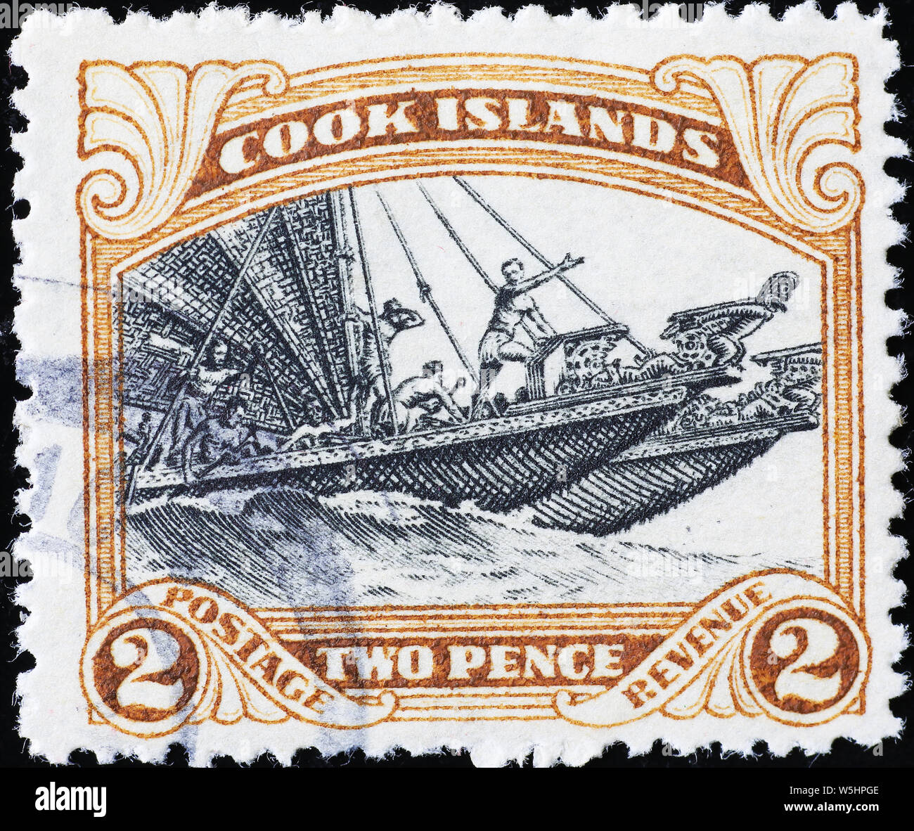 Ancien bateau polynésien sur vintage stamp de Îles Cook Banque D'Images