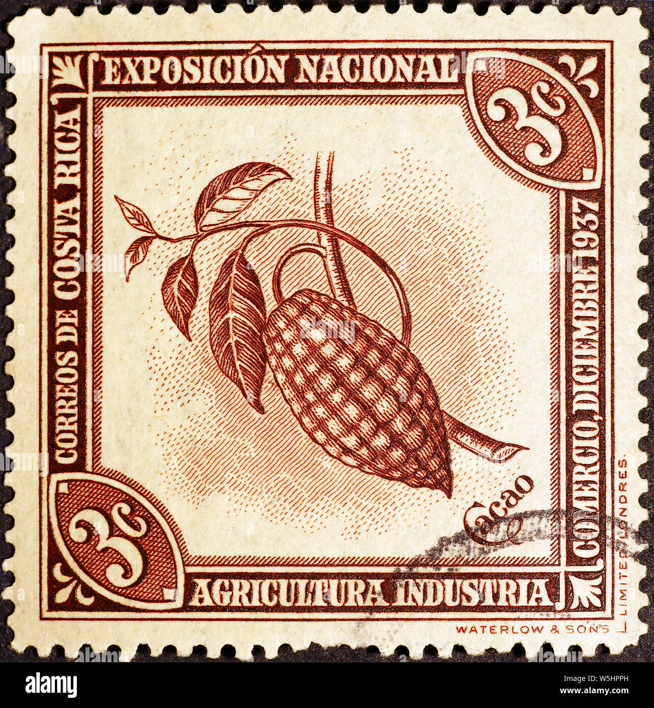 Gousse de cacao sur timbre vintage du Costa Rica Banque D'Images