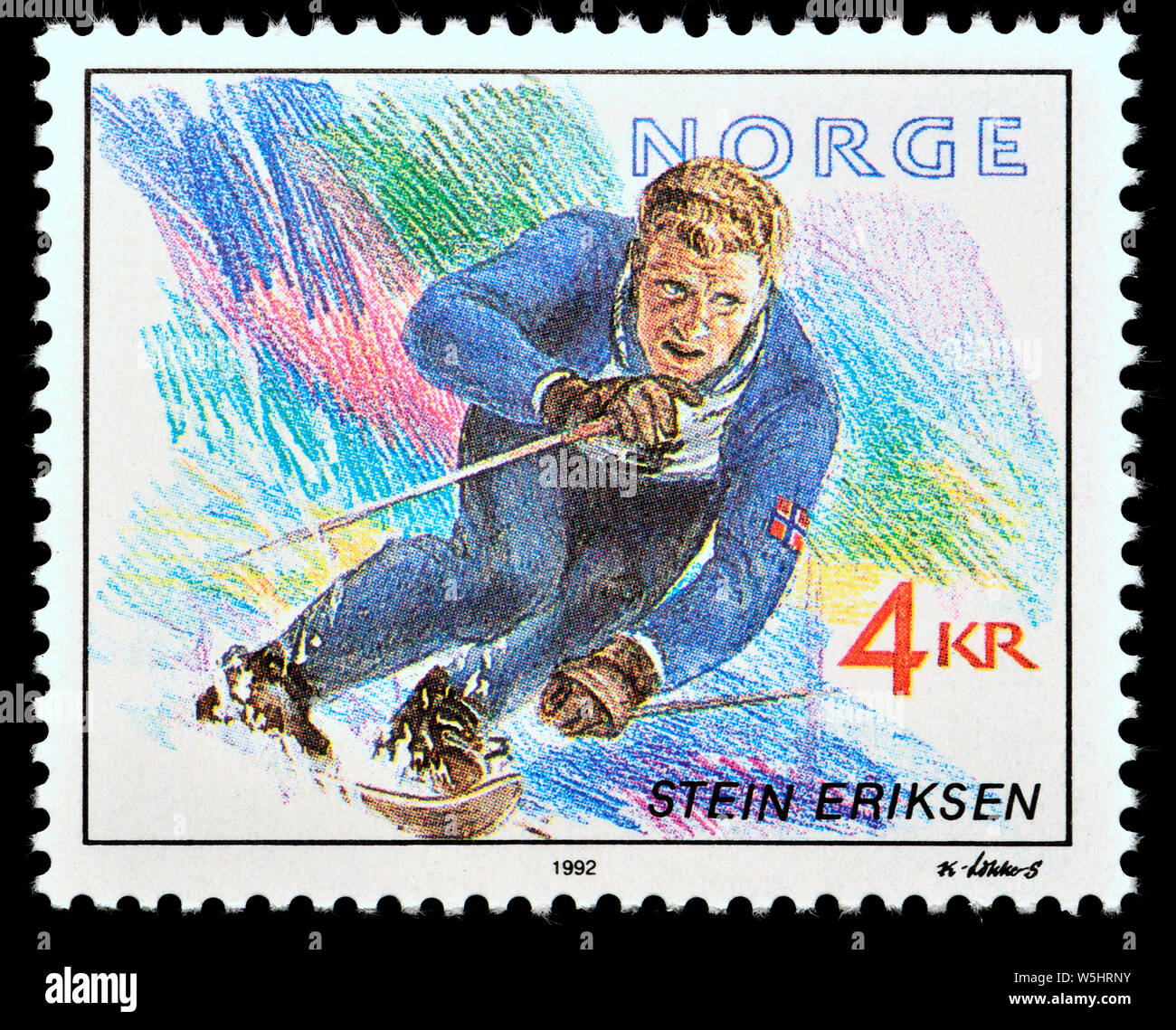Timbre norvégien (1992) : Stein Eriksen (1927 - 2015), skieur alpin norvégien et médaillée d'or aux Jeux Olympiques Banque D'Images