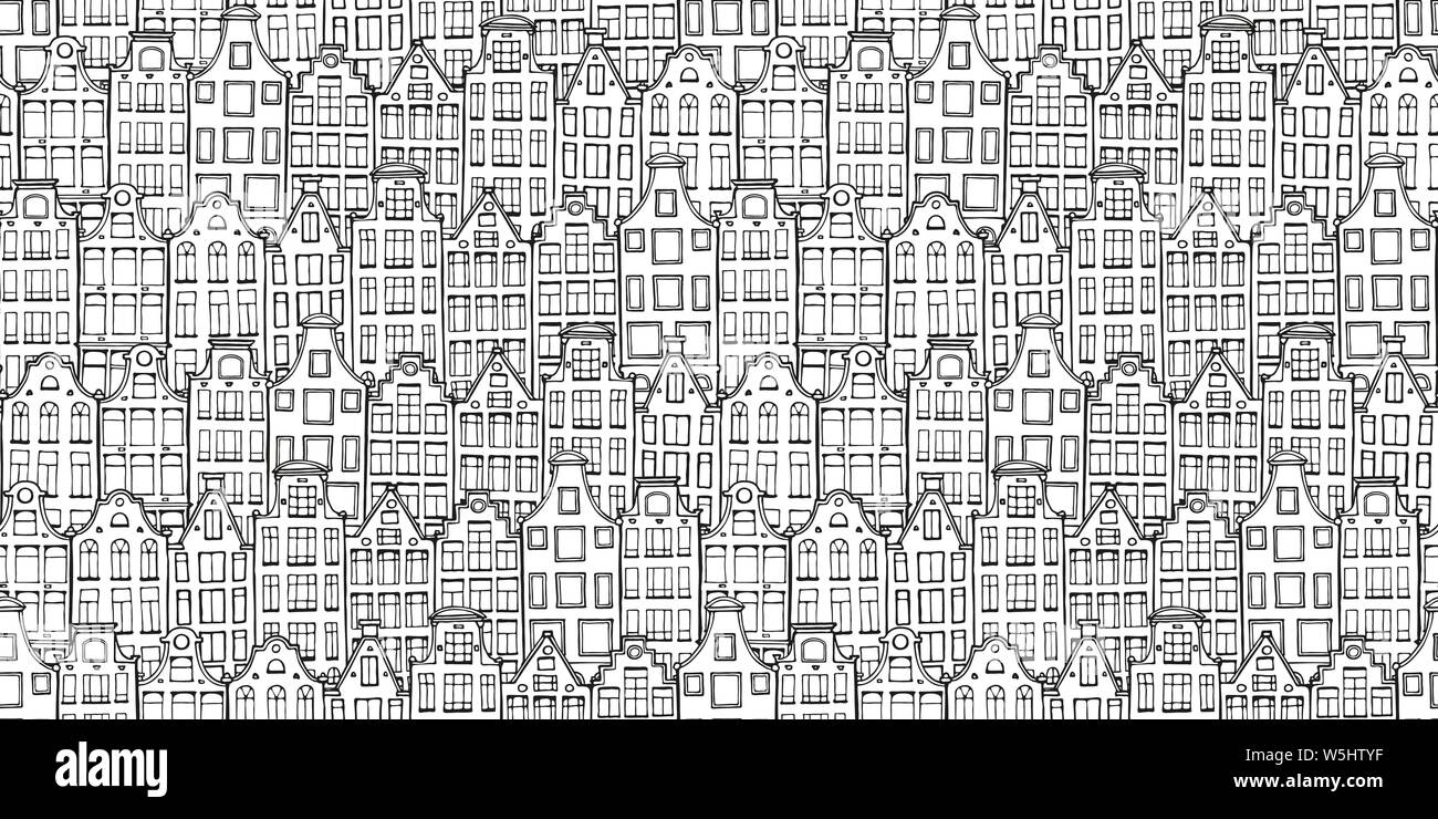 Hand drawn doodle motif maisons. Fond Samless en noir et blanc. Hous Russisch. Vector illustration. Coloriage adultes. Illustration de Vecteur