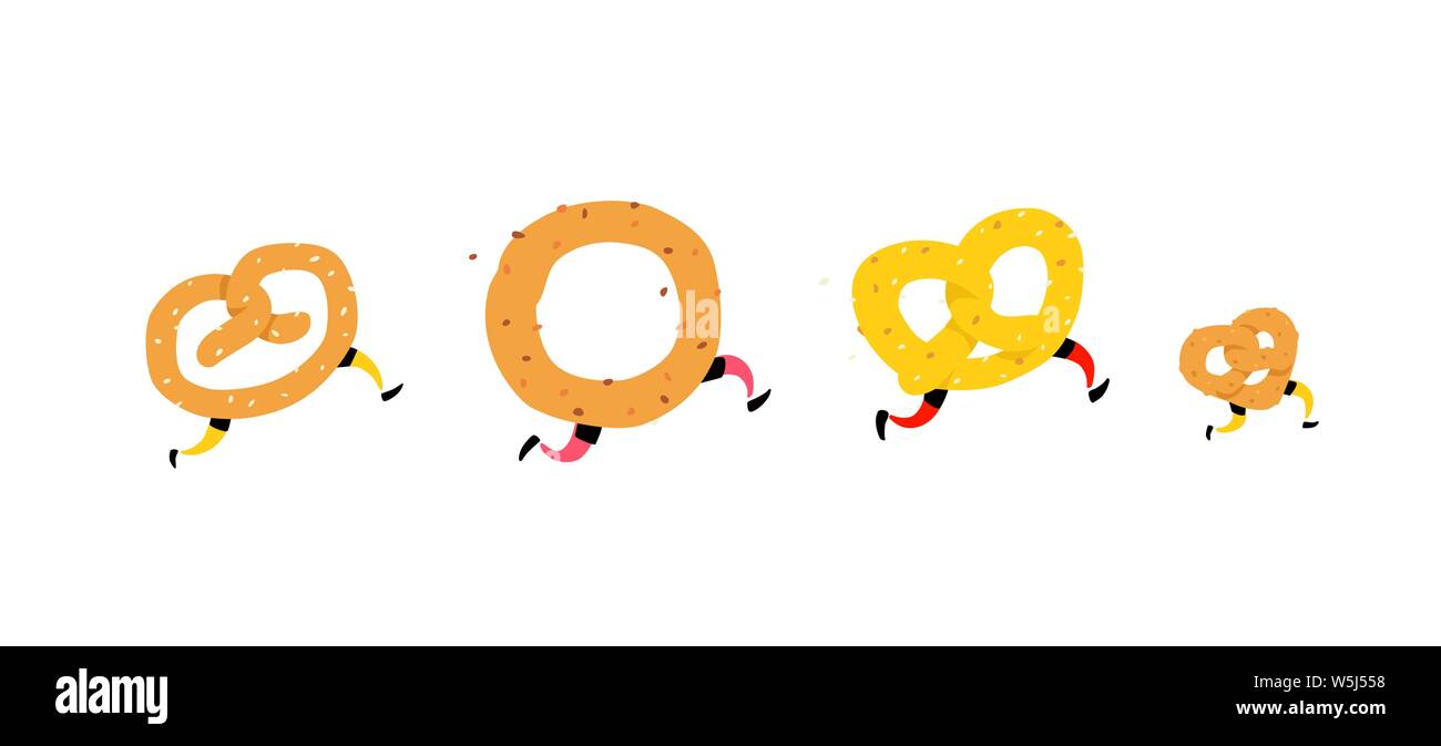 Illustration de l'exécution des bagels. L'exécution de bretzel avec vos amis. Vecteur. Caractères croquant avec les jambes. Les icônes des sites. Signe, logo pour le magasin. Offrir Illustration de Vecteur