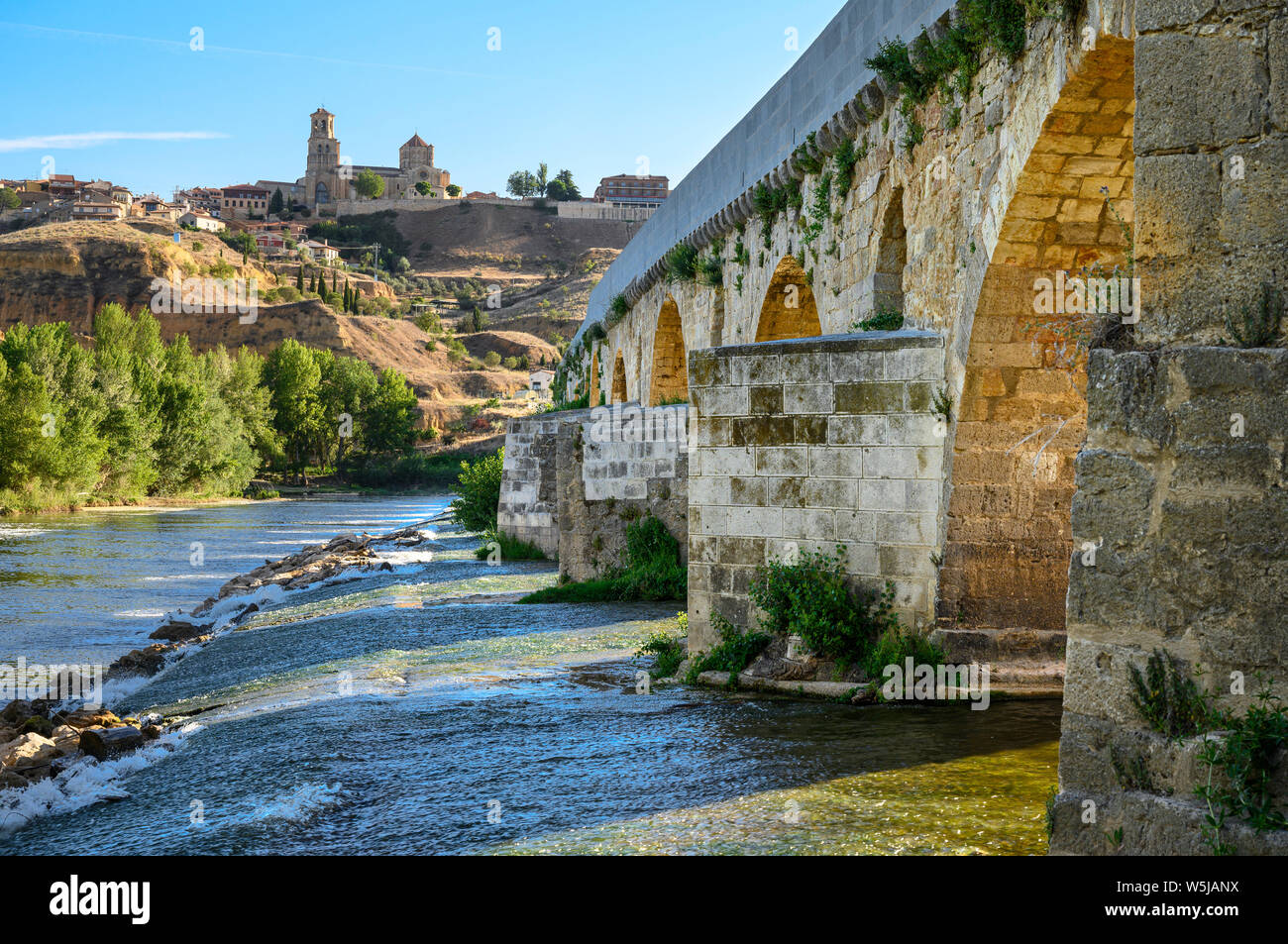 La cité médiévale pont sur le fleuve Douro et la ville de Toro sur son escarpement dans l'arrière-plan, Province de Zamora, Castille et Leon, Espagne. Banque D'Images