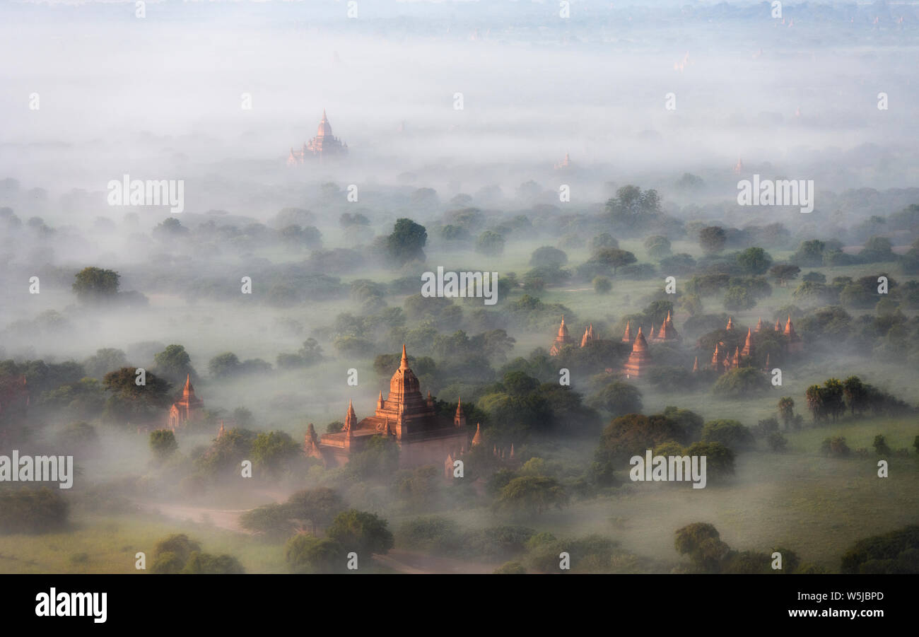 Morning Mist sur les temples de Bagan, Myanmar Banque D'Images