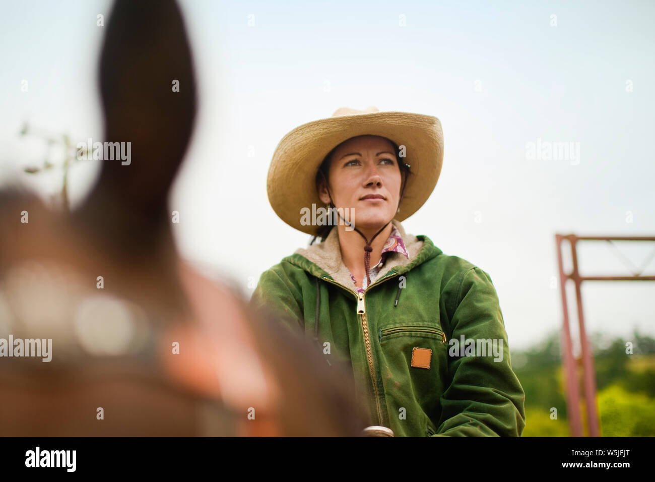 Mid-adult woman wearing cowboy hat assis sur le cheval. Banque D'Images