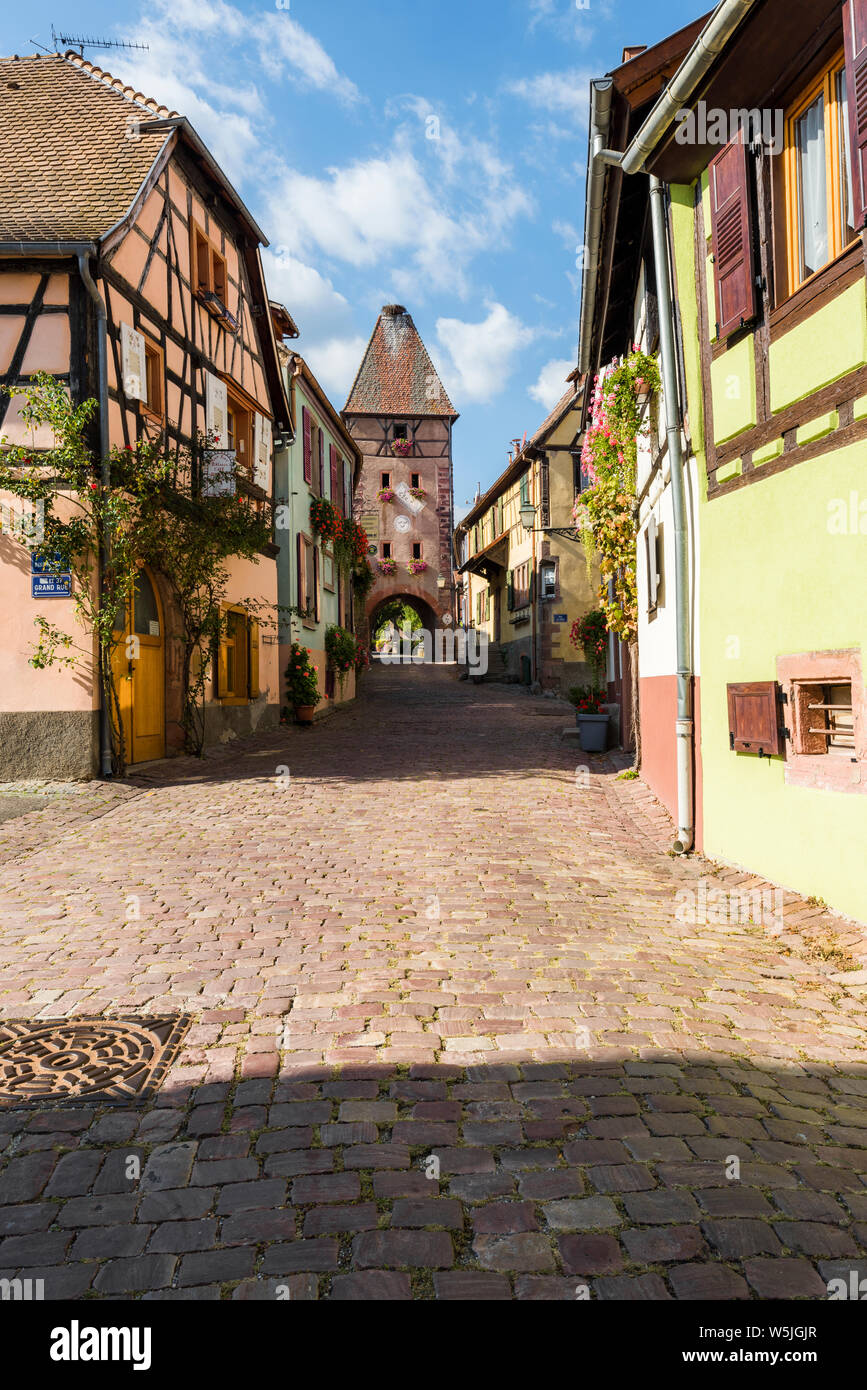 Ville médiévale avec la porte à tour de la Route des Vins d'Alsace, vin village Ammerschwihr, France Banque D'Images